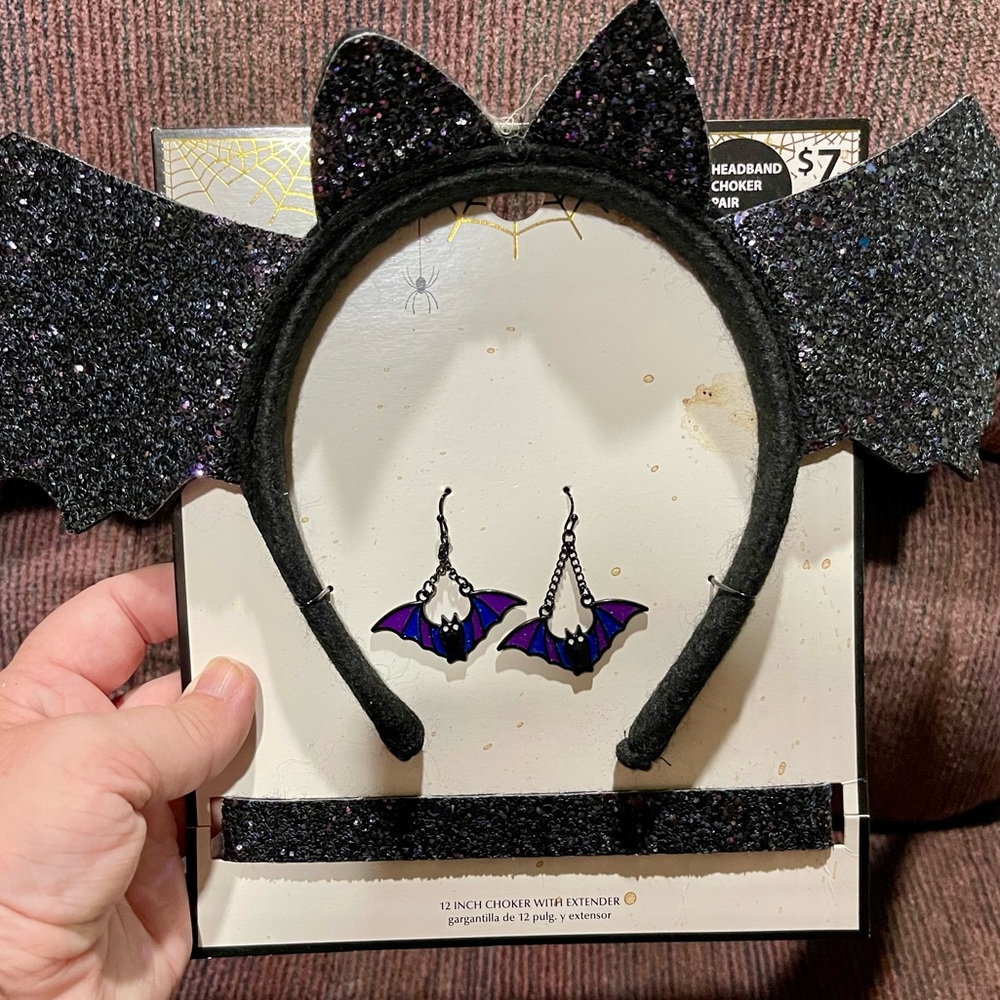Sparkly Black Bat Headband and Earrings Set
